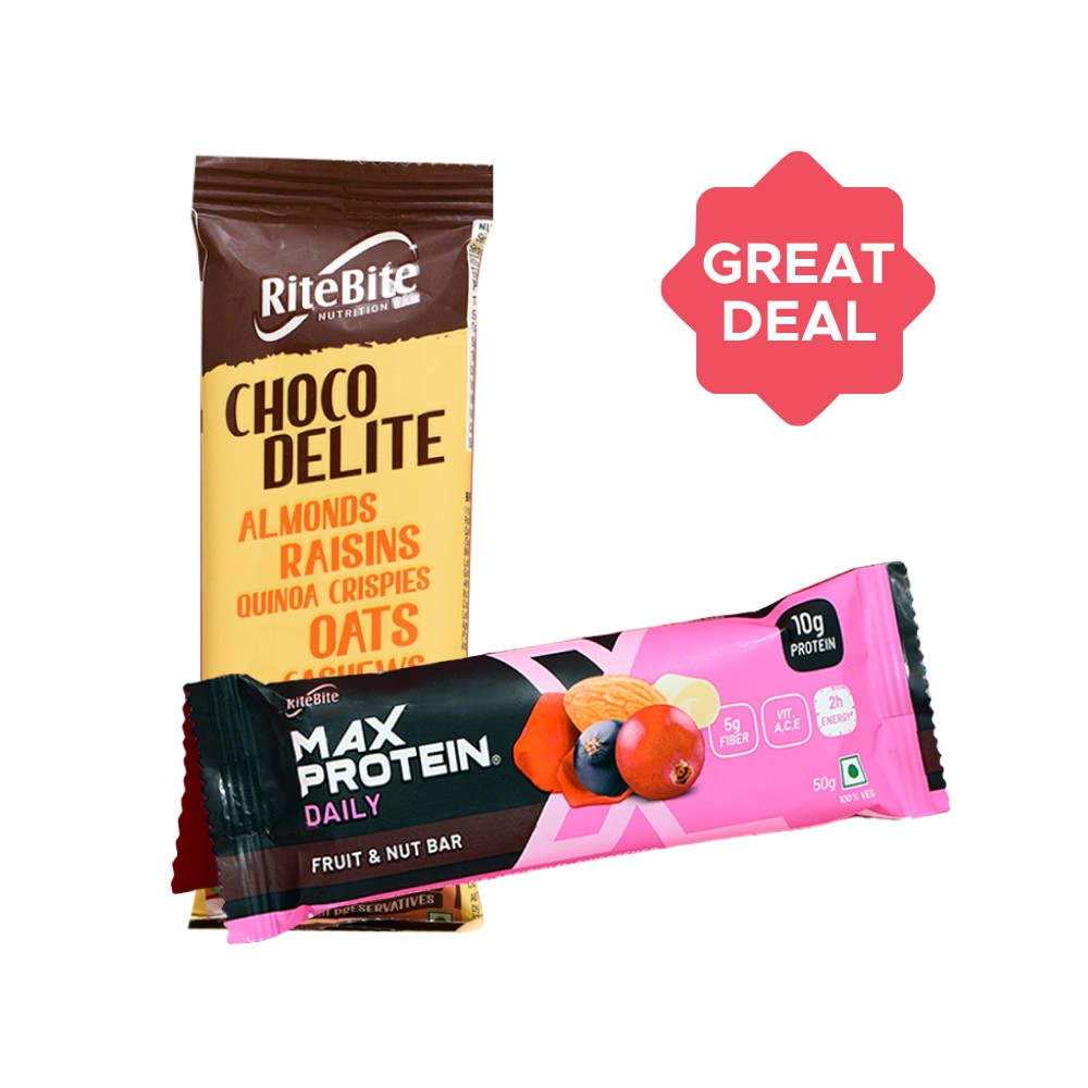 RiteBite Choco Delite 4g Protein Bar + Fruit and Nut Max Protein 10 g ...