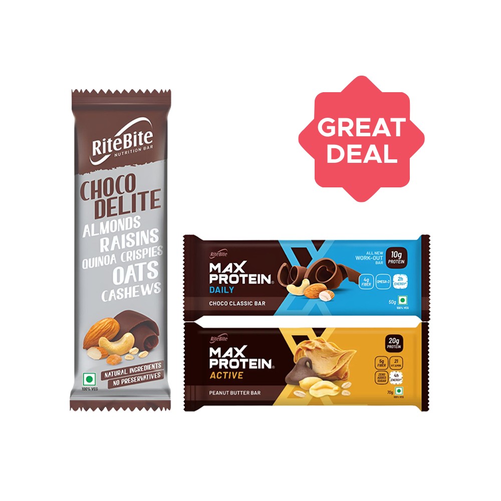 RiteBite Choco Delite 4g Protein Bar + Max Protein Peanut Butter 20 g ...