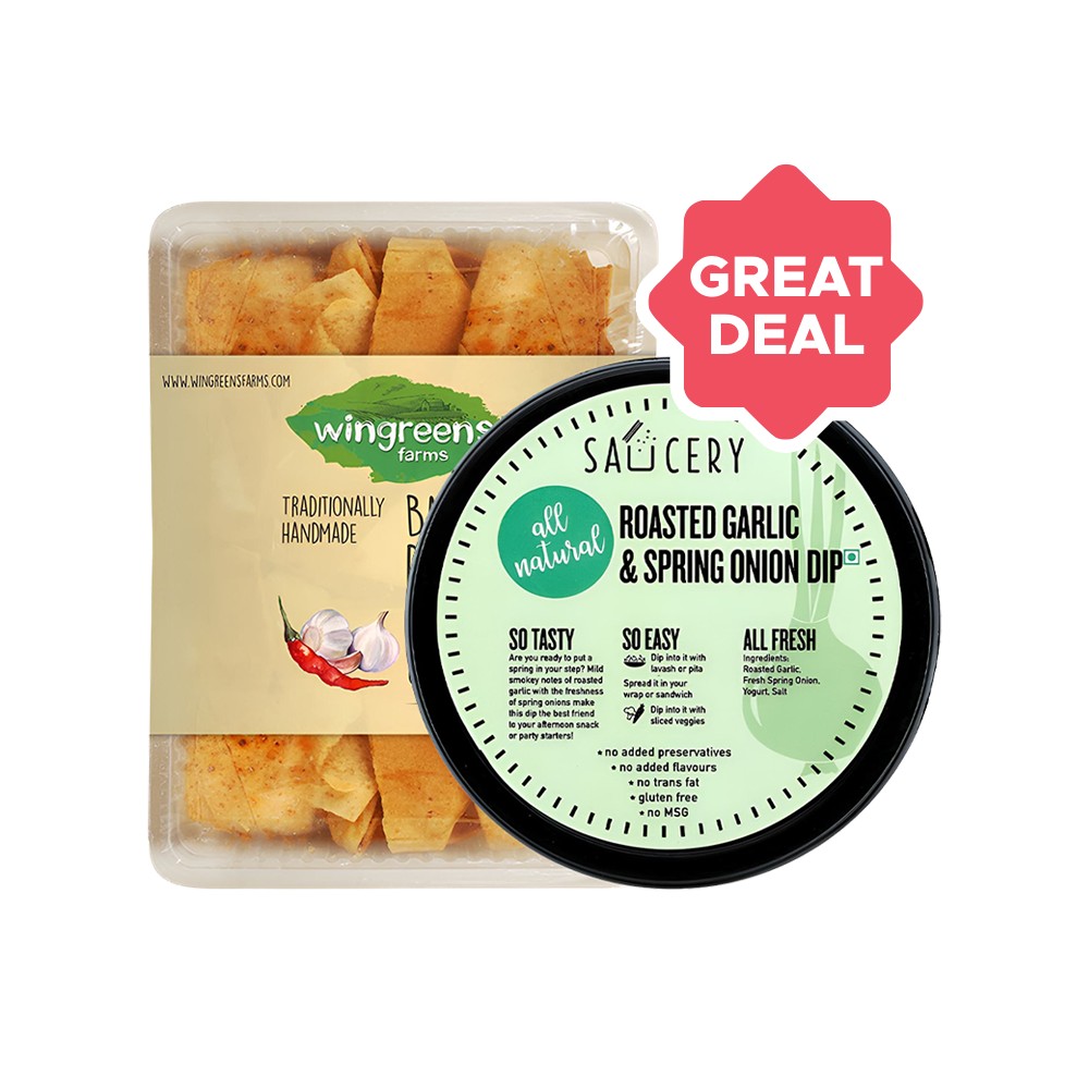 Wingreens Farms Chilli and Garlic Pita Chips + Saucery Roasted Garlic ...