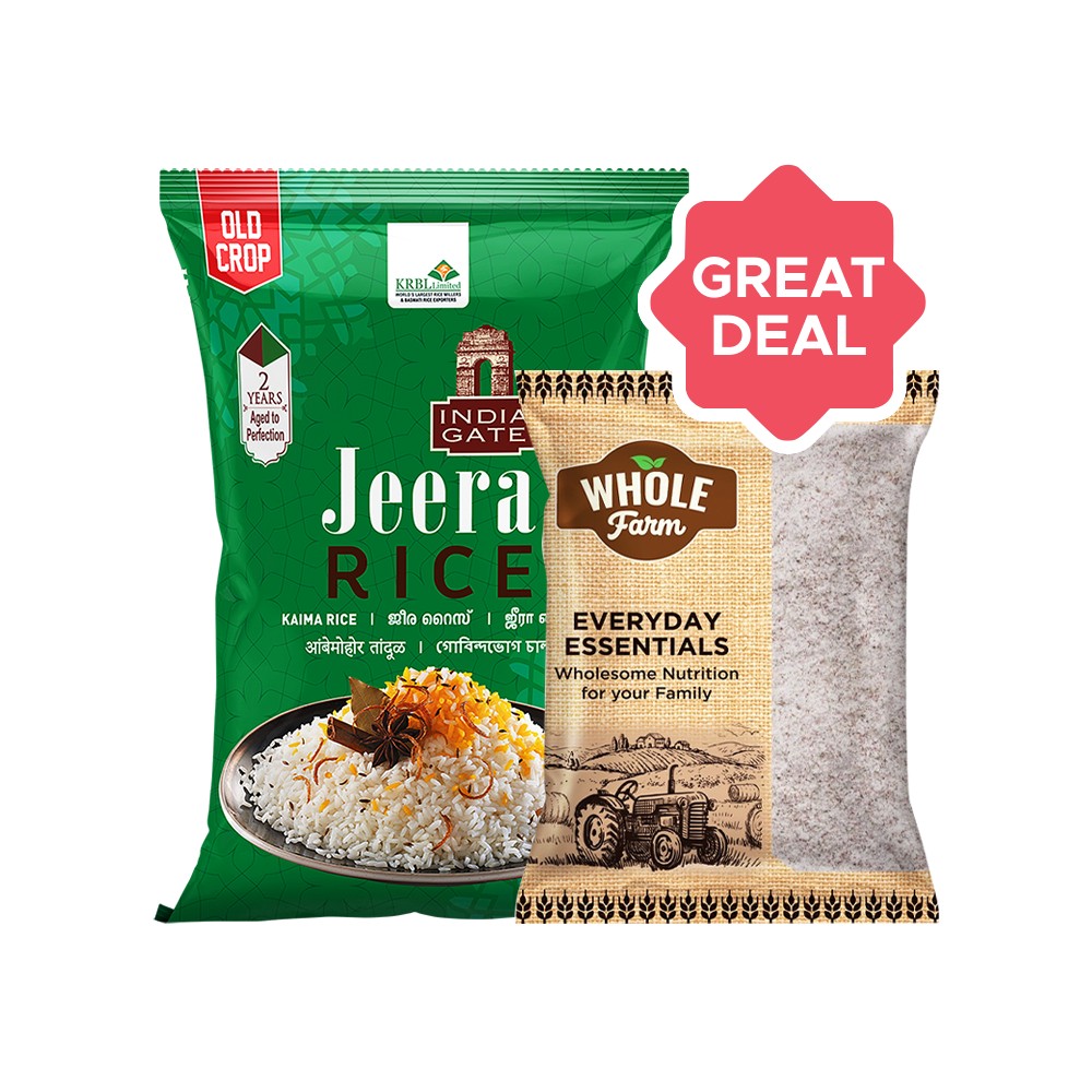 India Gate Jeera Rice (Short Grain) + Whole Farm Premium Kuttu Flour ...
