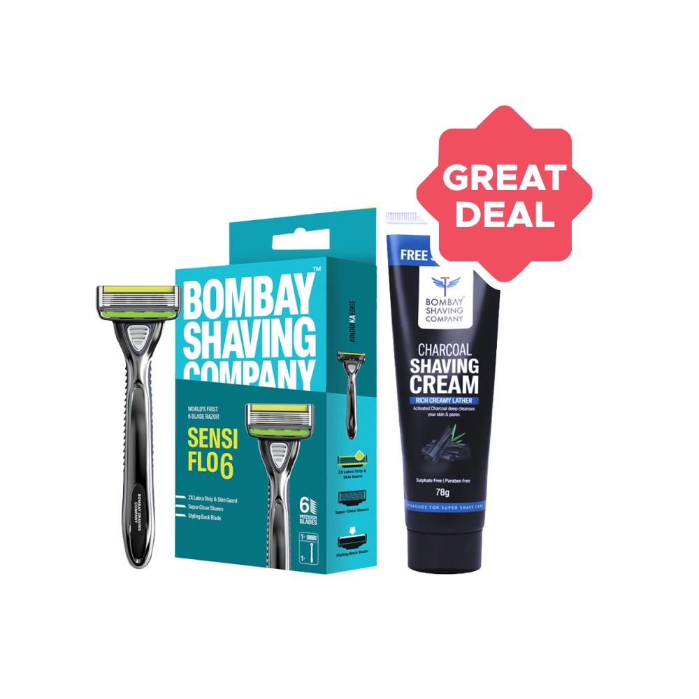 Bombay Shaving Company Sensi Flo6 Razor + Charcoal Shaving Cream Combo ...