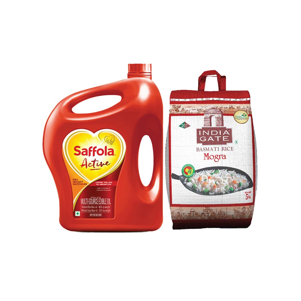 Saffola Active Rice Bran & Soyabean Blended Cooking Oil + India Gate ...