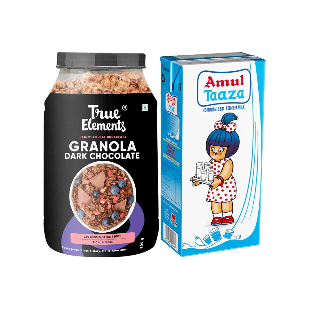 True Elements Dark Chocolate Granola (23% Berries, Seeds & Nuts) + Amul ...
