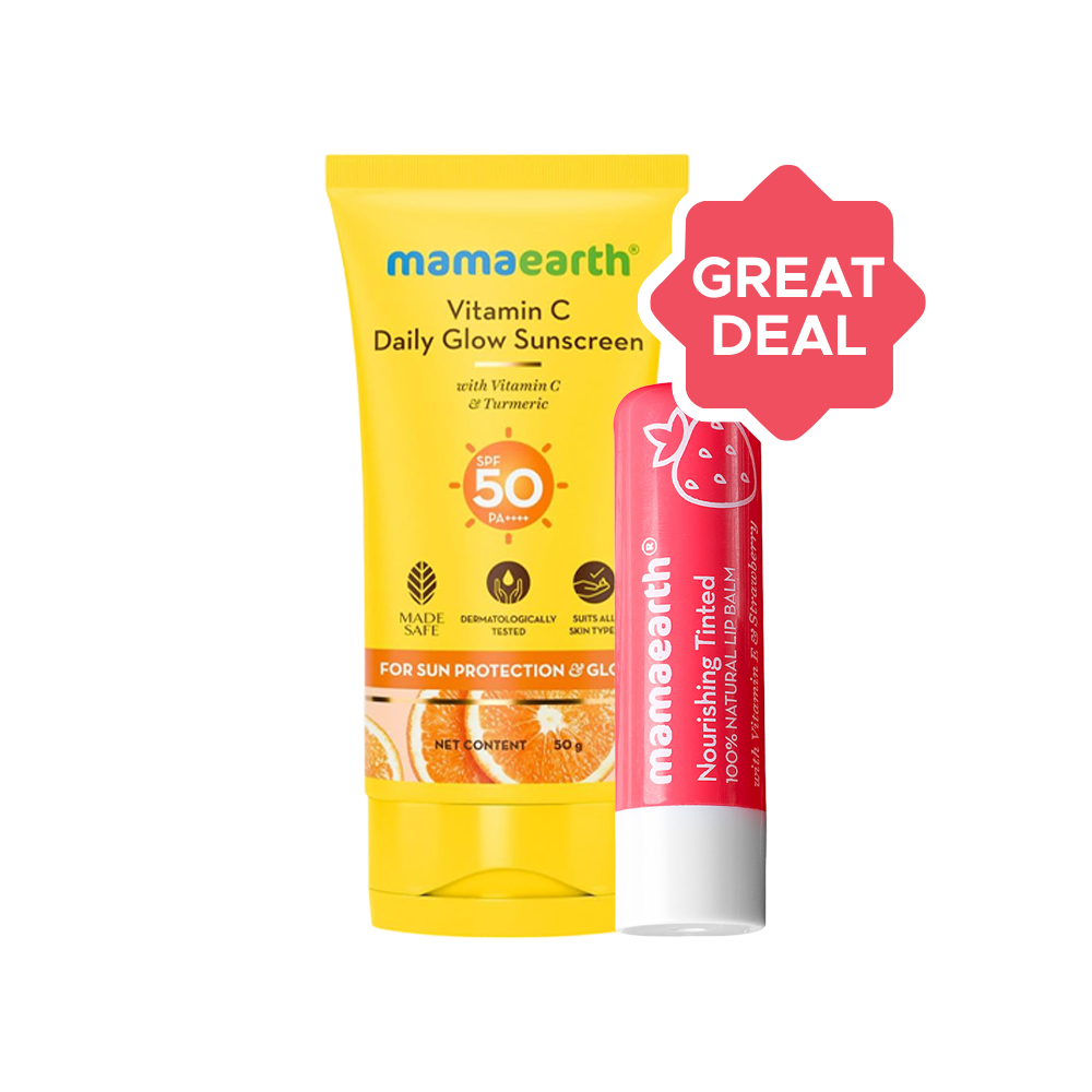 mamaearth lip balm vitamin c Mamaearth Nourishing Tinted Lip Balm (Coral Red) + Vitamin C Daily Glow  Sunscreen 50 g (SPF 50) Combo Price