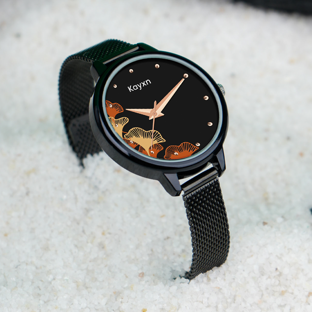 Kayxn Flora Embellished Analogue Watch (Quartz, Black, Stainless