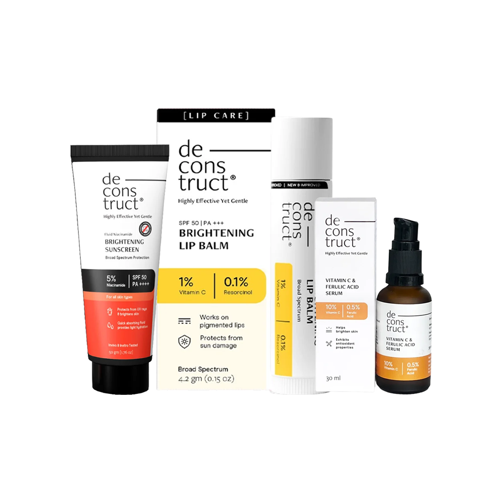 Deconstruct 10% Vitamin C Face Serum + Brightening Tinted Lip Balm with SPF  50 & Vitamin C (Transparent) + Fluid Brightening Sunscreen (SPF 50 PA++++)  Combo Price - Buy Online at 1006 in India