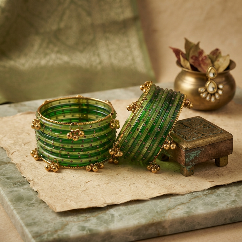 Abhinn Sawan Kashmiri Glass Bangles (Golden, Green) Price - Buy Online at  Best Price in India