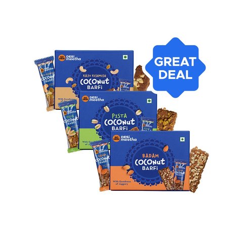 Kaju Kishmish Coconut Burfi by GO DESi + Badam Coconut Burfi by GO DESi