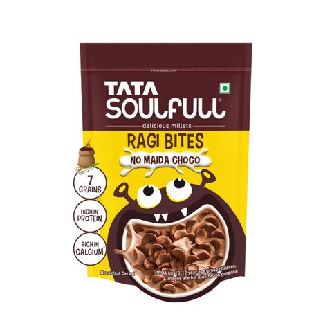 Tata Ragi Powder Tata Soulfull Ragi Bites Choco 7 Grains Kids Breakfast Cereal (No Maida ...