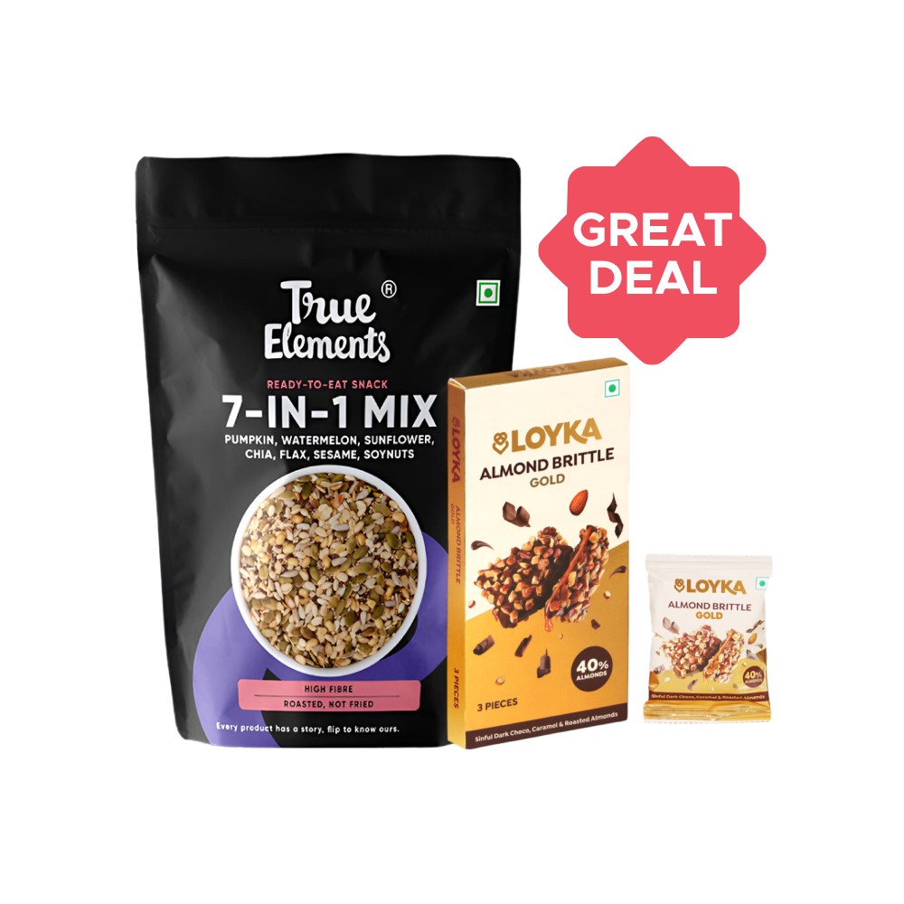 True Elements 7 in 1 Roasted Seeds Mix + Loyka Almond Brittle Gold Milk ...
