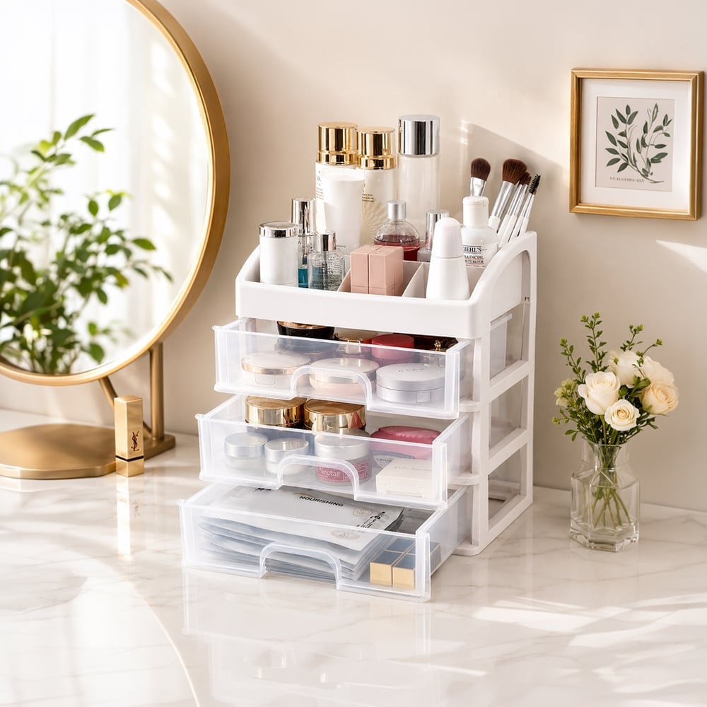 Zedak Plastic 3-Drawers Multipurpose Makeup Organizer (White
