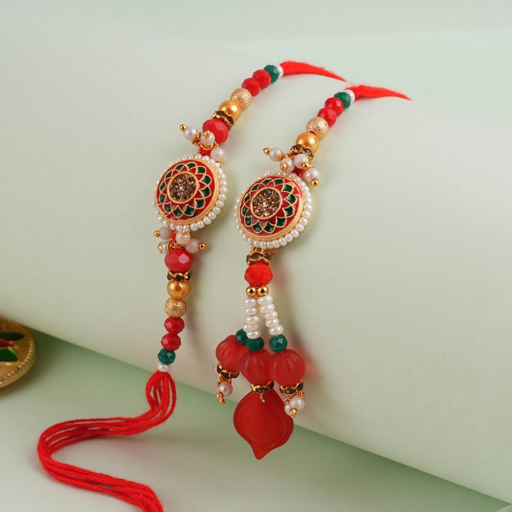 Bhaiya Bhabhi Rakhi Set - Handmade Beaded Silk Rakhi Pair With Roli & Sandal Powder, Rakshabandhan Gift - View #10