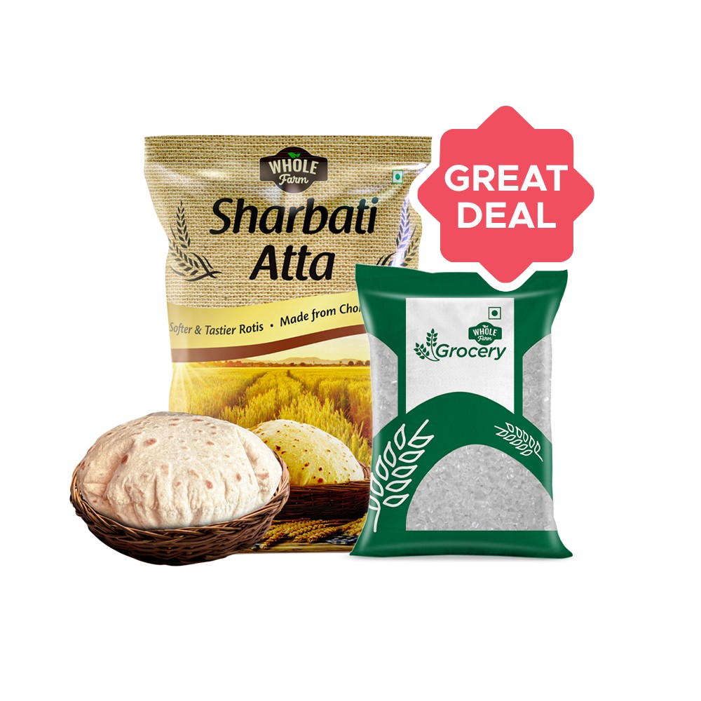 Whole Farm Premium Sharbati Atta + Whole Farm Grocery Sugar (Packet ...