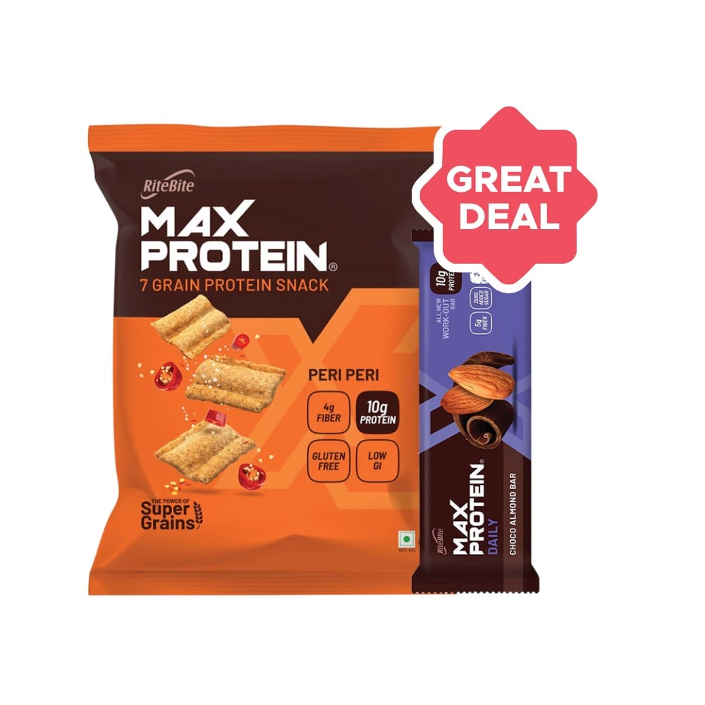 Max Protein Rice RiteBite Max Protein Peri Peri 10 g Protein Multigrain Chips + Max ...