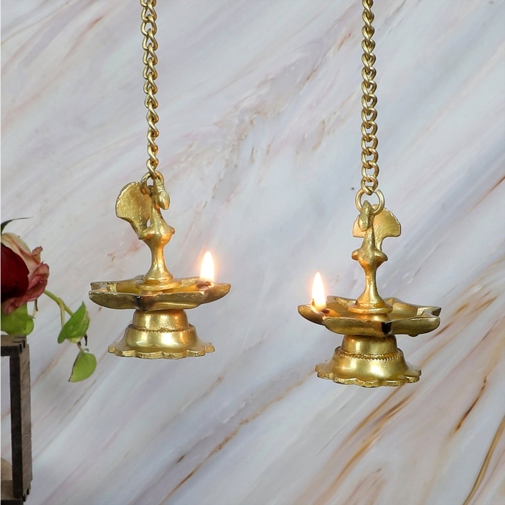 Two Bfb Design Decorated Brass Peacock Design Hanging Diya Set by Two Moustaches Price ...