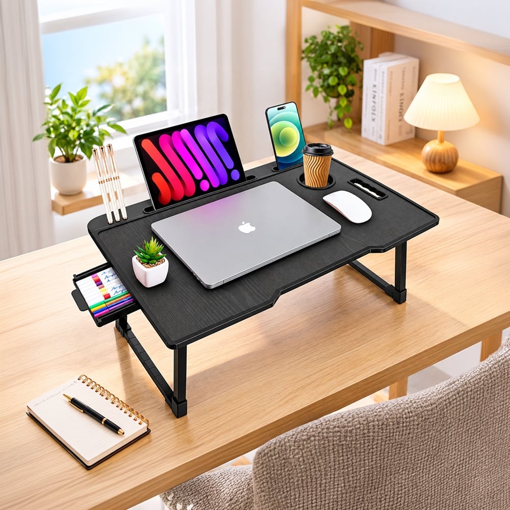 ReeQ Foldable Laptop Table With Cup Holder & Drawer (Black) Price - Buy ...