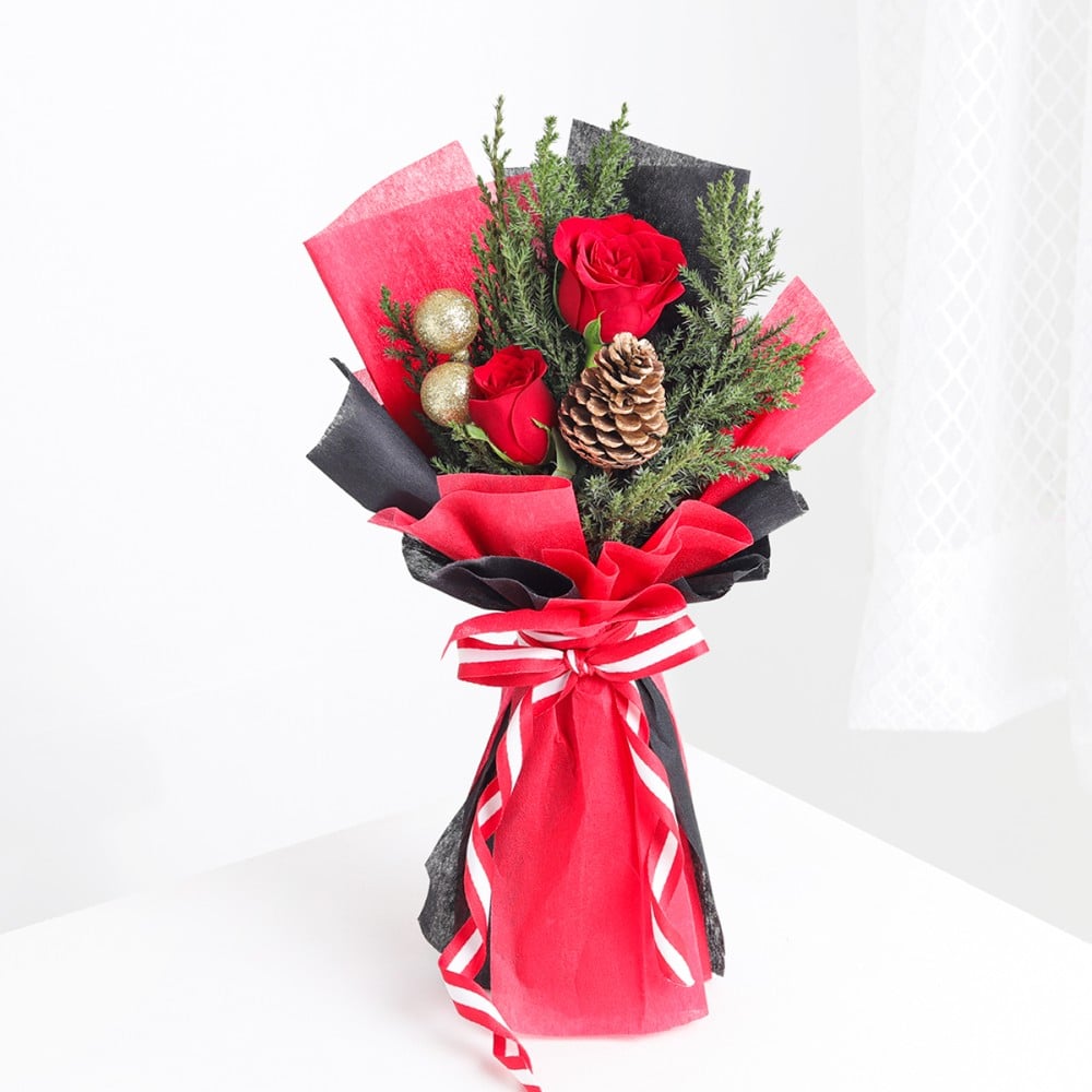 IGP Christmas Royal 2 Red Roses Bouquet with a Pine Cone Price - Buy ...