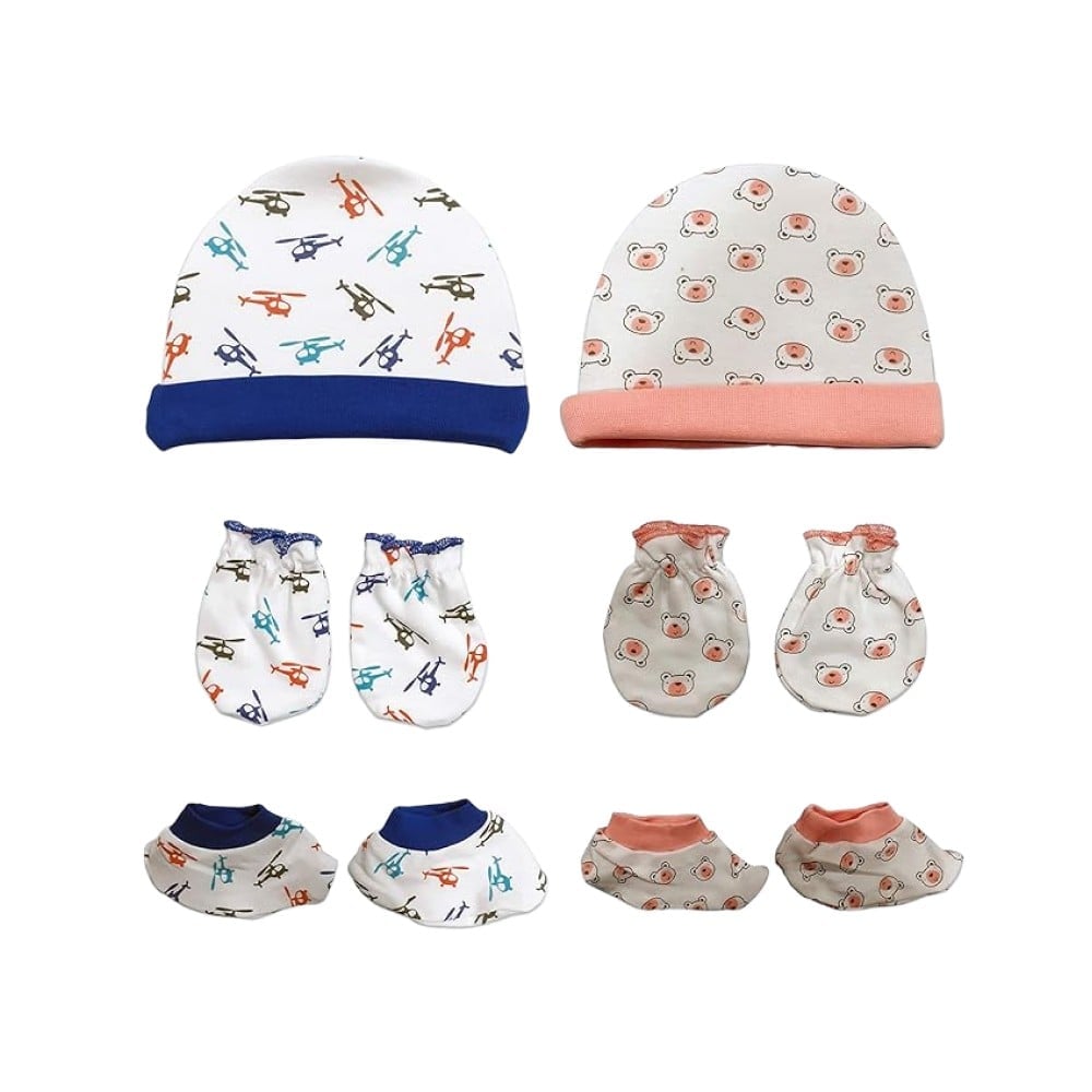 Babyhug 100% Cotton Cap Mitten & Booties Set Dolphin Print Blue - Diameter 12 cm