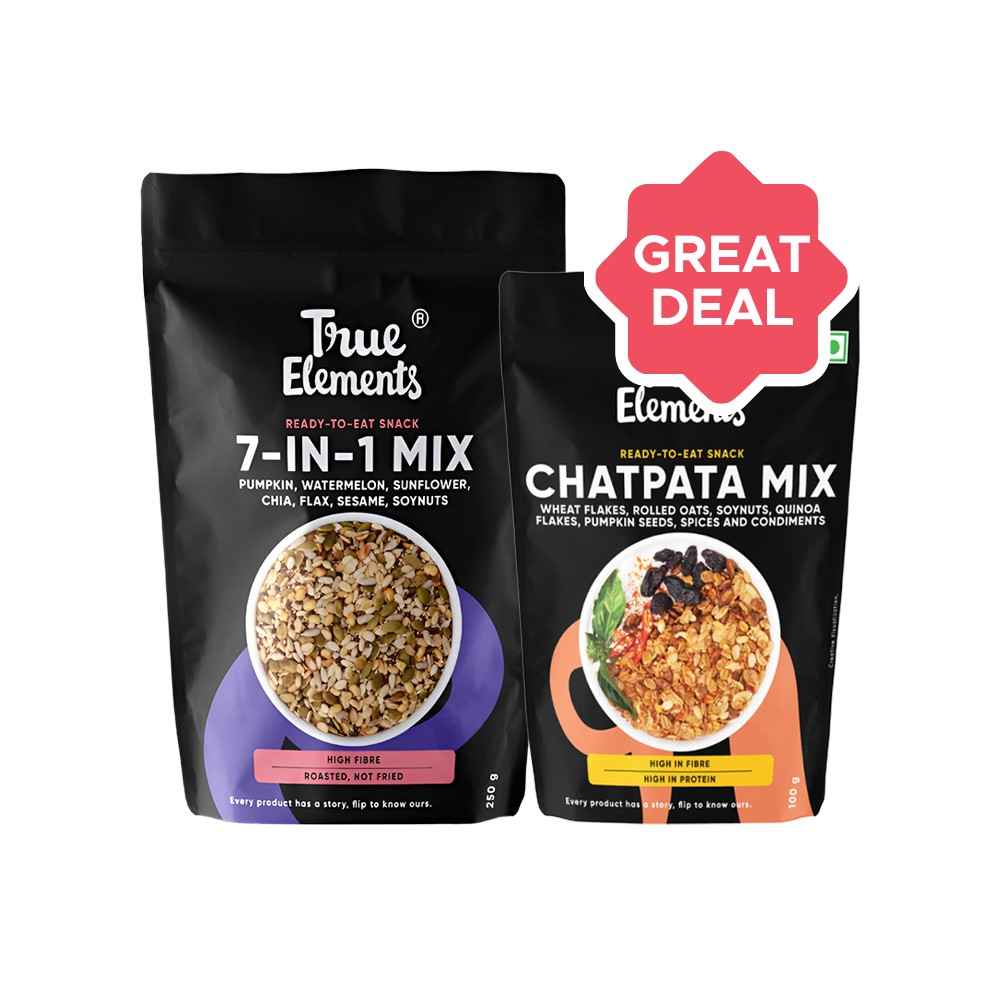 True Elements 7 in 1 Roasted Seeds Mix + Chatpata Mixture Namkeen Combo ...