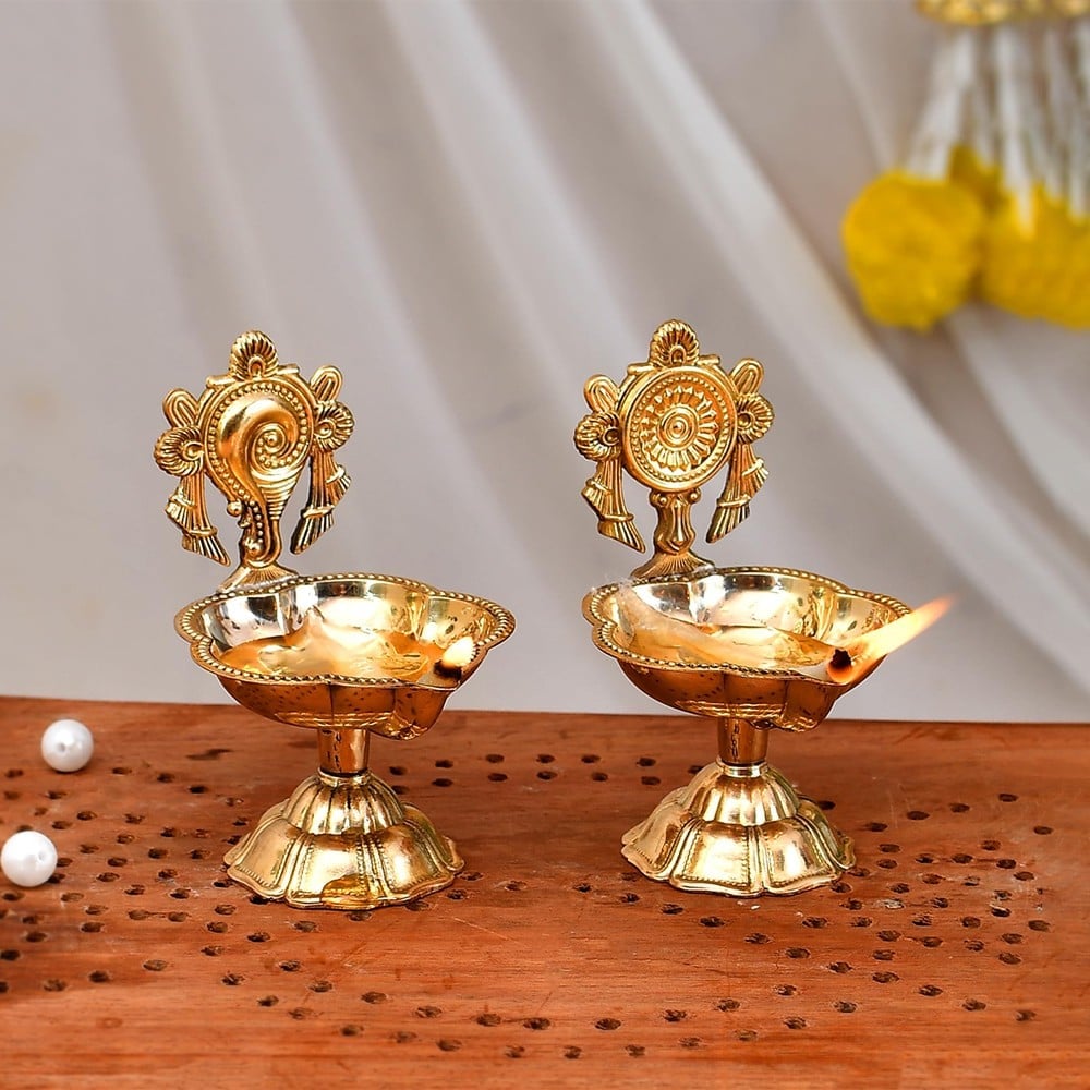 Brass Shankh Chakra Diya Set by CraftVatika Price - Buy Online at Best ...