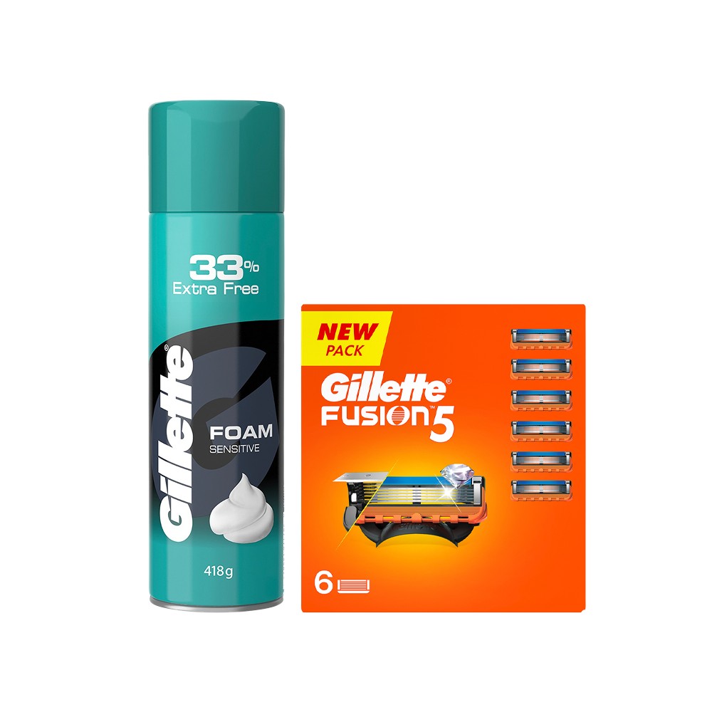 Styrofoam Razor Gillette Fusion5 Men's Razor Cartridge + Sensitive Shaving Foam Combo ...