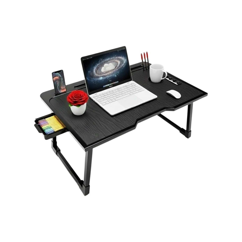 Morovik Laptop Bed Table with Cup Holder & Drawer (Black) Price - Buy ...