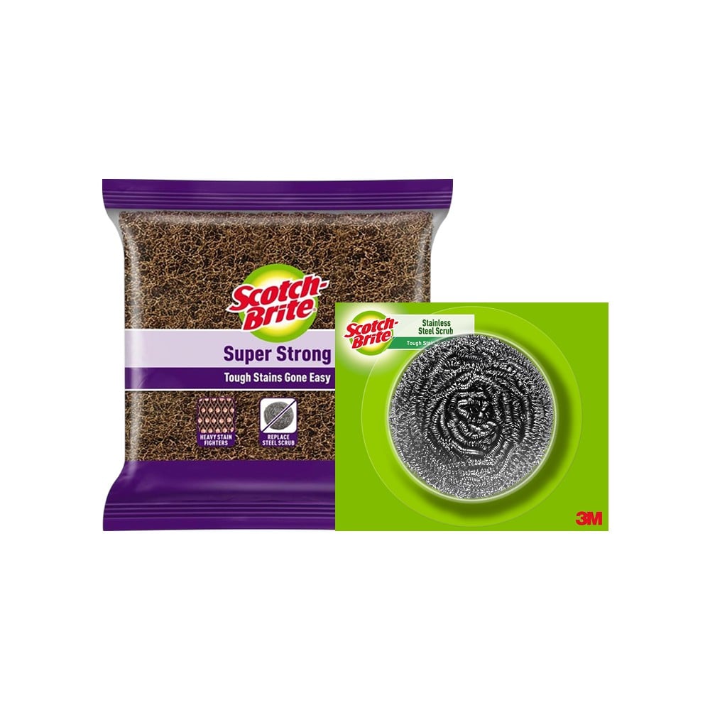 Scotch Key Scotch Brite Super Strong Scrub Pad + Stainless Steel Scrubber Ball ...