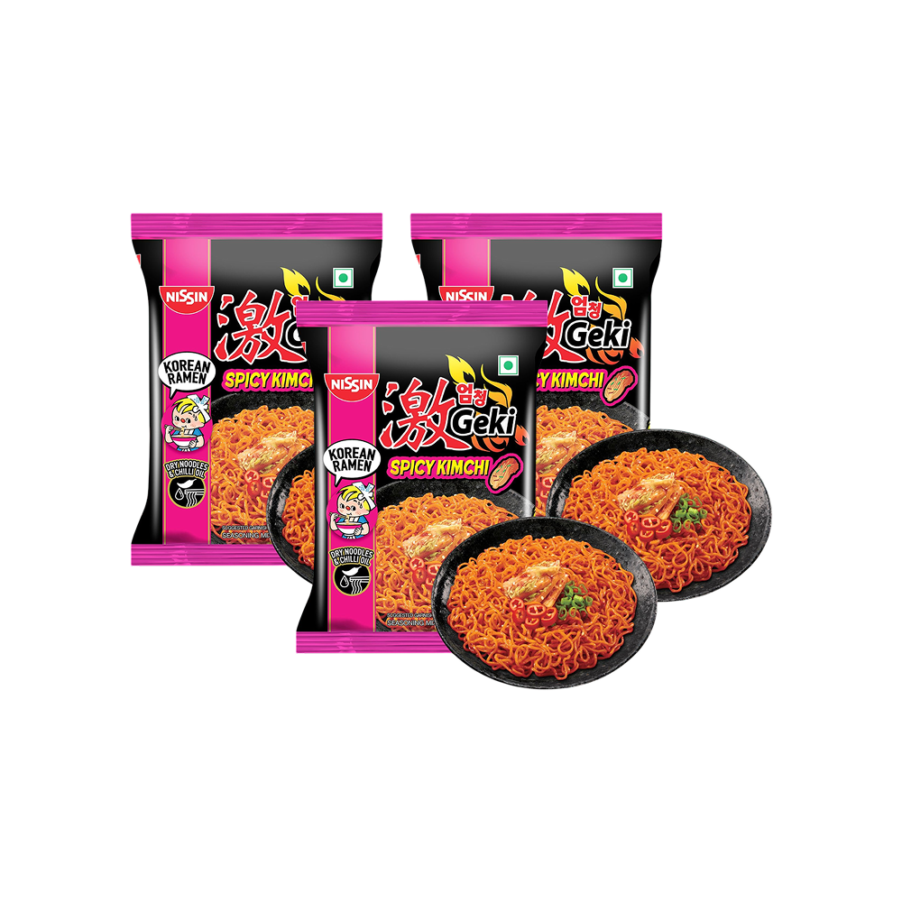 Nissin Geki Korean Ramen Spicy Kimchi Flavoured Instant Noodles - Pack of 3 - Fresh delivery in Aurangabad