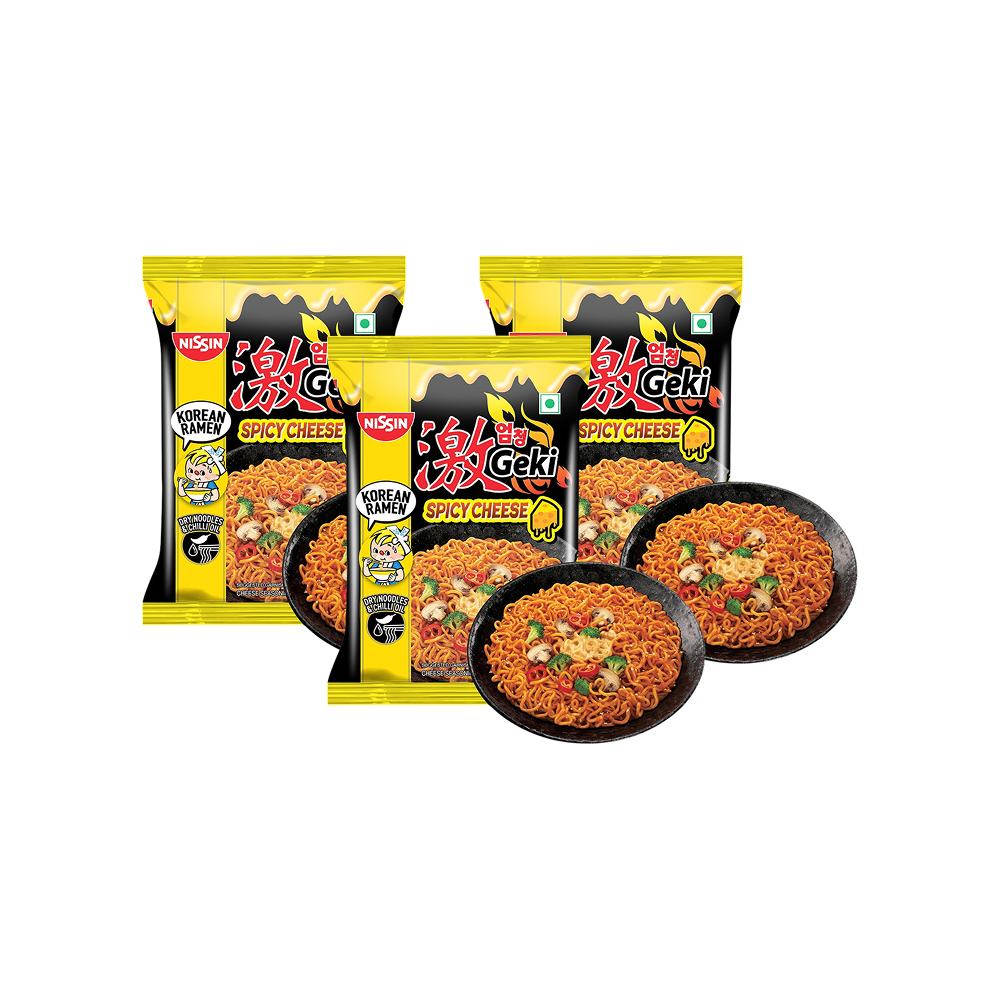 Nissin Geki Korean Ramen Spicy Cheese Flavoured Instant Noodles - Pack of 3 - Fresh delivery in Aurangabad